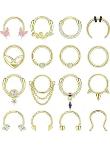 16pcs 16g Septum Rings Hoop Set, Septum Piercing Stainless Steel Dangle Jewelry for Women & Men, Punk Style Nose Ring Accessories, Nose Piercing Kit, Septum Pierced Ring