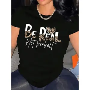 Women'S Casual T-Shirt with "BE REAL NOT PERFECT" Leopard Print Lettering - Relaxed Fit Short Sleeve Round Neck Top for Spring Summer Fall Casual Attire, Positive Affirmation Graphic Tee for Women