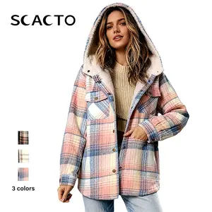 Scacto Summer Clearance Women's Plaid / Houndstooth Print Button Front Hooded Coat, Casual Longsleeves Pocket Coat for Fall & Winter, Ladies Outerwear for Daily Wear, Womenswear Soft Polyester trench coat Breathable Outdoor