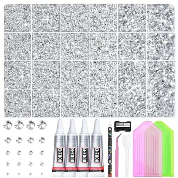 LOTWOW Silver Bedazzling Kit with Rhinestones, 35000PCS Multi Size Rhinestones Nail Gems Diamond Art Bedazzler Kits with Pickup Pen, B7000 Glue, Diamond Art Glitter Gem Sequins Craft Set