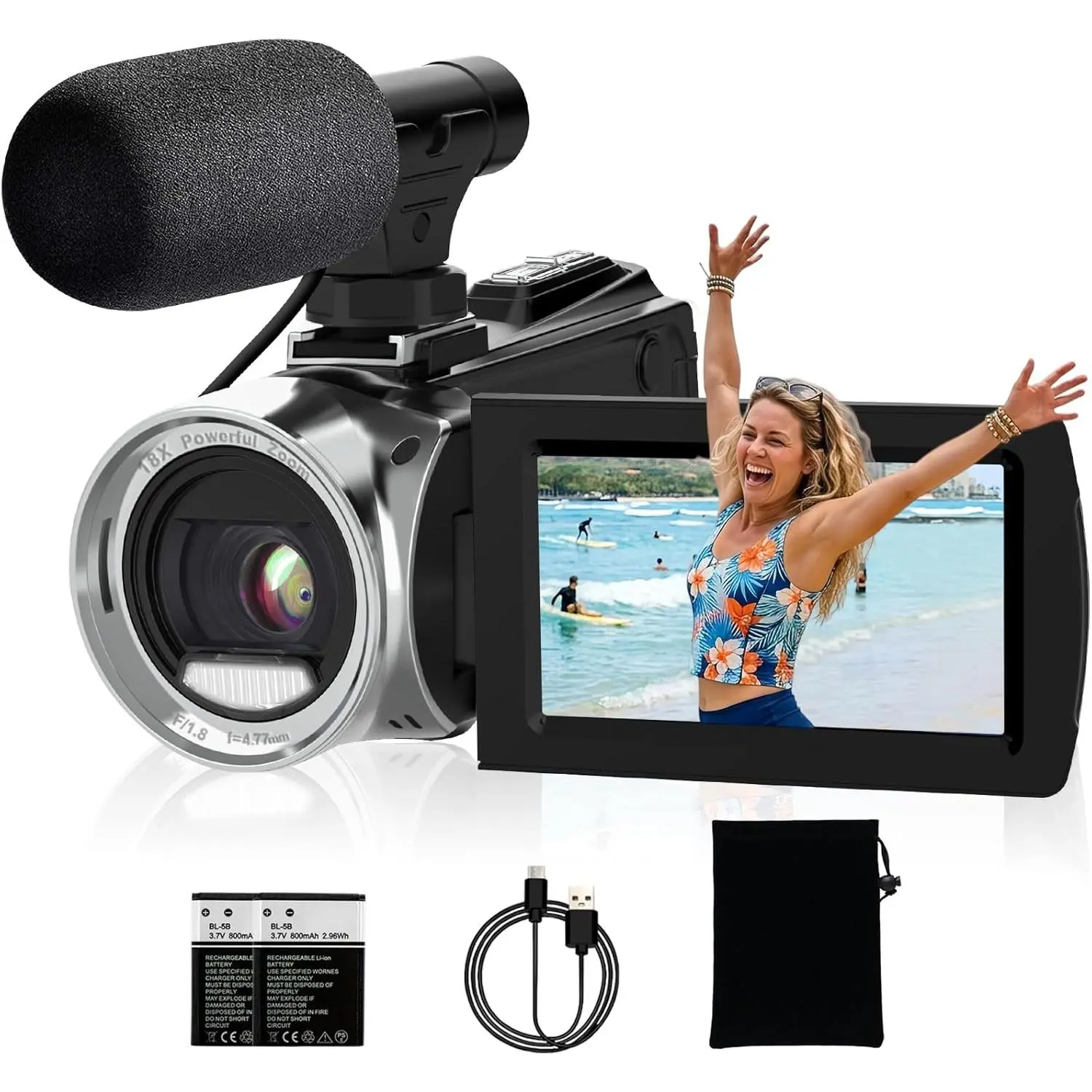 4K 48MP Digital Vlogging Camera for YouTube Compact Camcorder with Microphone Anti-Shake Night Vision 18X Zoom for Travel Family Daily Recording Beginners  Teens Adults