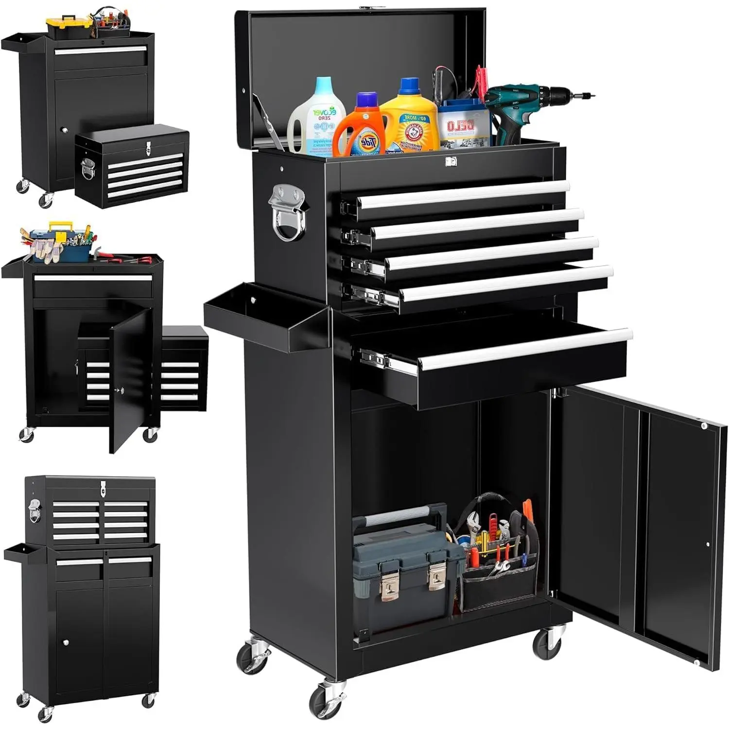 GARVEE Heavy Duty Steel Tool Chest - 5 Drawers, Detachable Metal Toolbox, Adjustable Shelf, Lockable Storage, Protective Insert, Garage Tool Organizer Cabinet