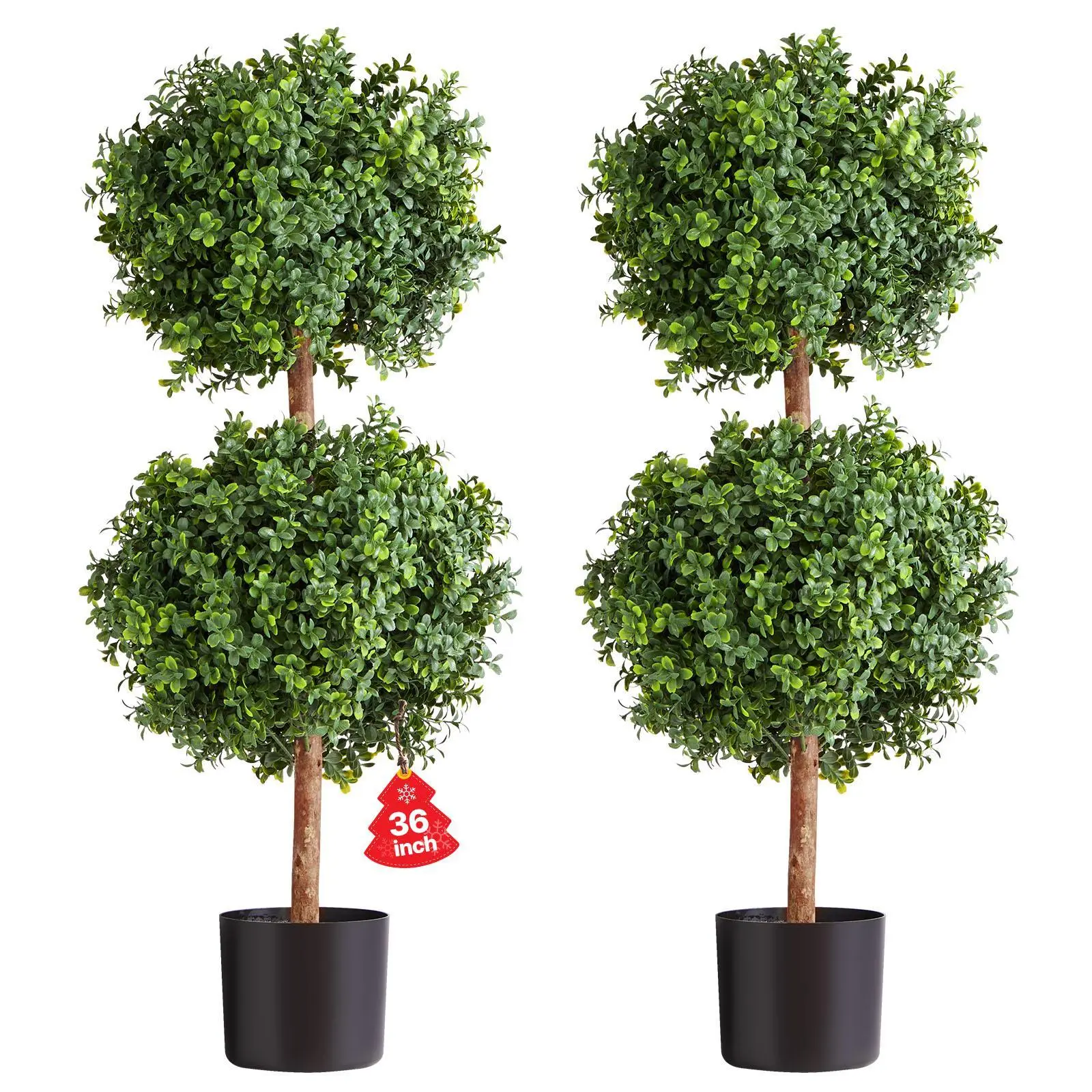 VEVOR 2-Set 36in Decorative Sturdy Boxwood Artificial Trees Double Ball Topiary, Long-Lasting Faux Silk Plants, Easy Assembly for Front Porch Outdoor Garden Indoor Decor#BackToSchool