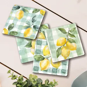 4pcs wooden square coaster set green checkered lemon pattern anti scalding and non slip coasters coffee mats table decoration, suitable for afternoon tea parties, restaurant layout