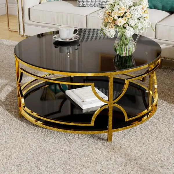 【Bellemave】 Round Tempered Glass Coffee Table in 30.7",Luxurious Geometric Metal Frame,Gold Finish & Lower Shelf 【Bellemave】 Round Tempered Glass Coffee Table in 30.7",Luxurious Geometric Metal Frame,Gold Finish & Lower Shelf