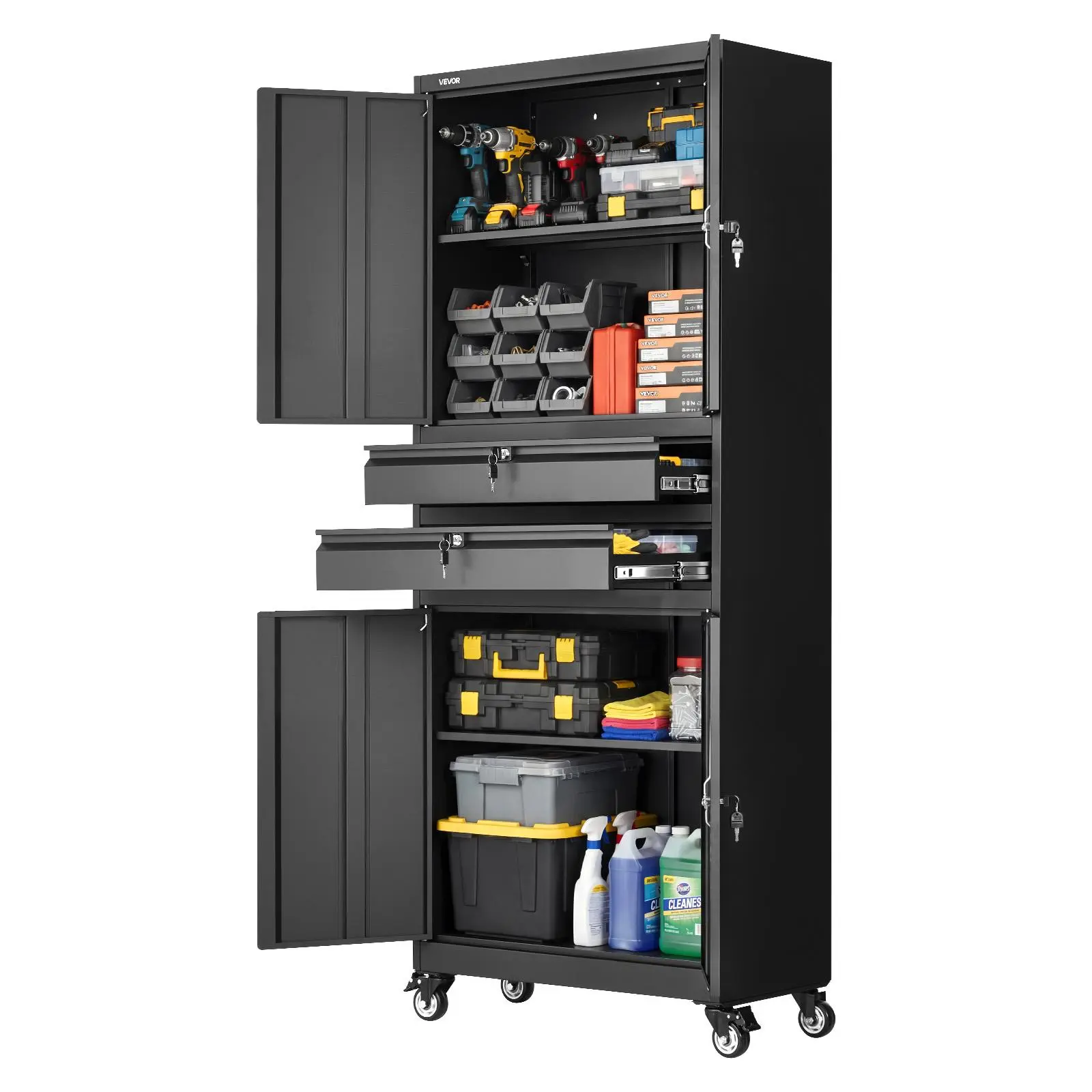 【Summerfinds】VEVOR All Steel Rolling Metal Storage Cabinet with Wheels, 75" Tall, 180 lbs Shelf Load Capacity, 4 Locking Doors, Adjustable Shelves, Dual Drawer Cabinets for Garage, Office, All Steel Cabinets