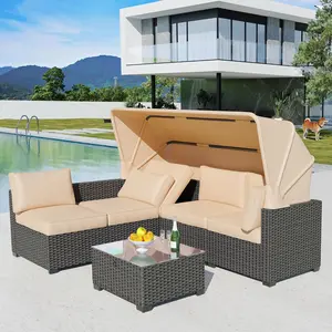 6 Pieces Patio Rattan Daybed, Patio Wicker Sofa Daybed Set with Retractable Canopy & Storable End Table, Garden Conversation Sets Thick Seat, Soft Cushions & Back Cushions, Dark Brown + Beige Furniture Outdoor Lounge Modern