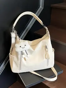 Cute cloud pendant canvas bag, multiple zipper pockets, casual one-shoulder large-capacity tote bag, lightweight for daily commuting, suitable for college students, office workers, Crossbody Tote Bag, Versatile shoulder bags