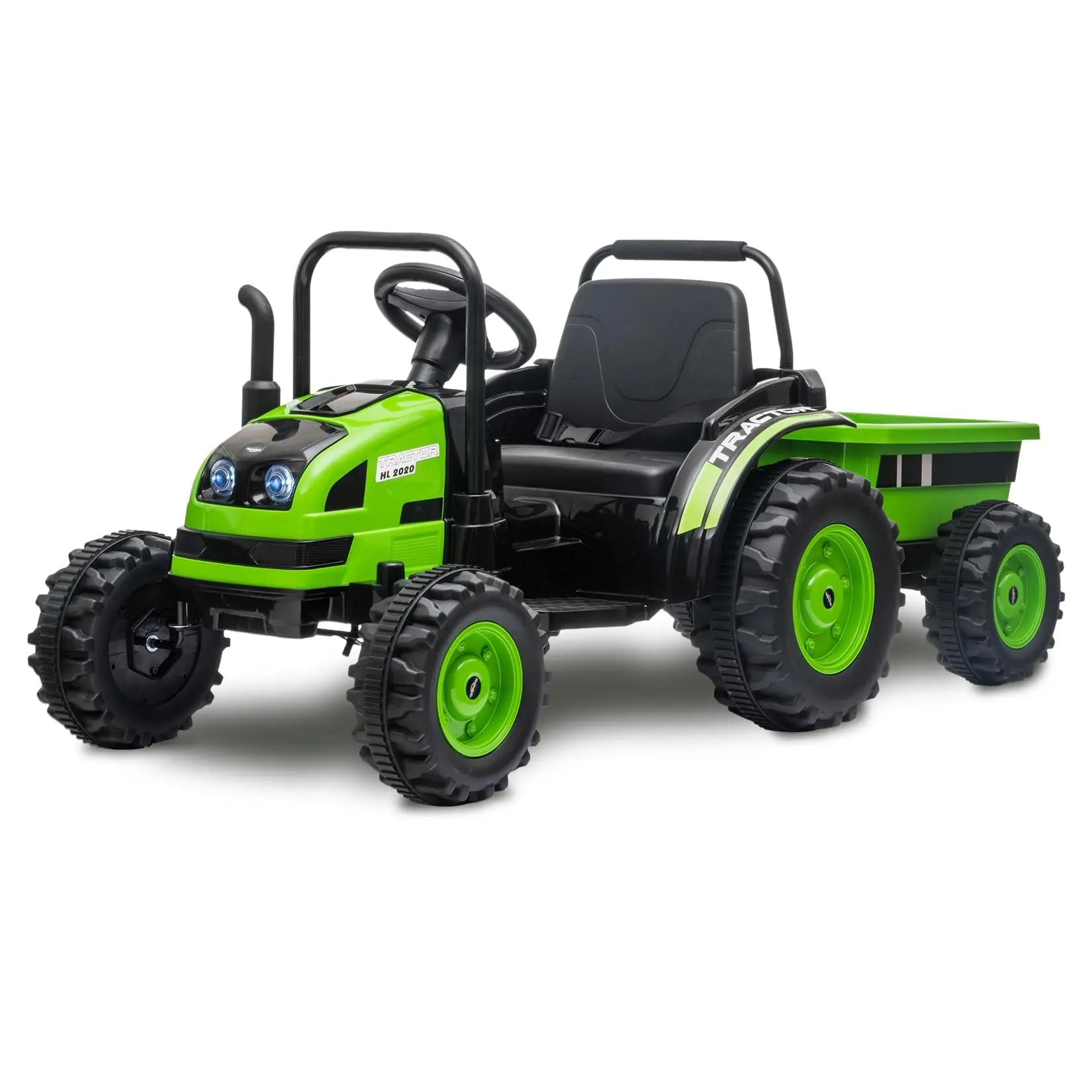 Kids Ride On Tractor with Trailer,12V Battery Powered Electric Tractor with Remote Control, Music, USB, Led Lights,Audio,Safety Belt,35W Dual Motors,Unload Button,Green