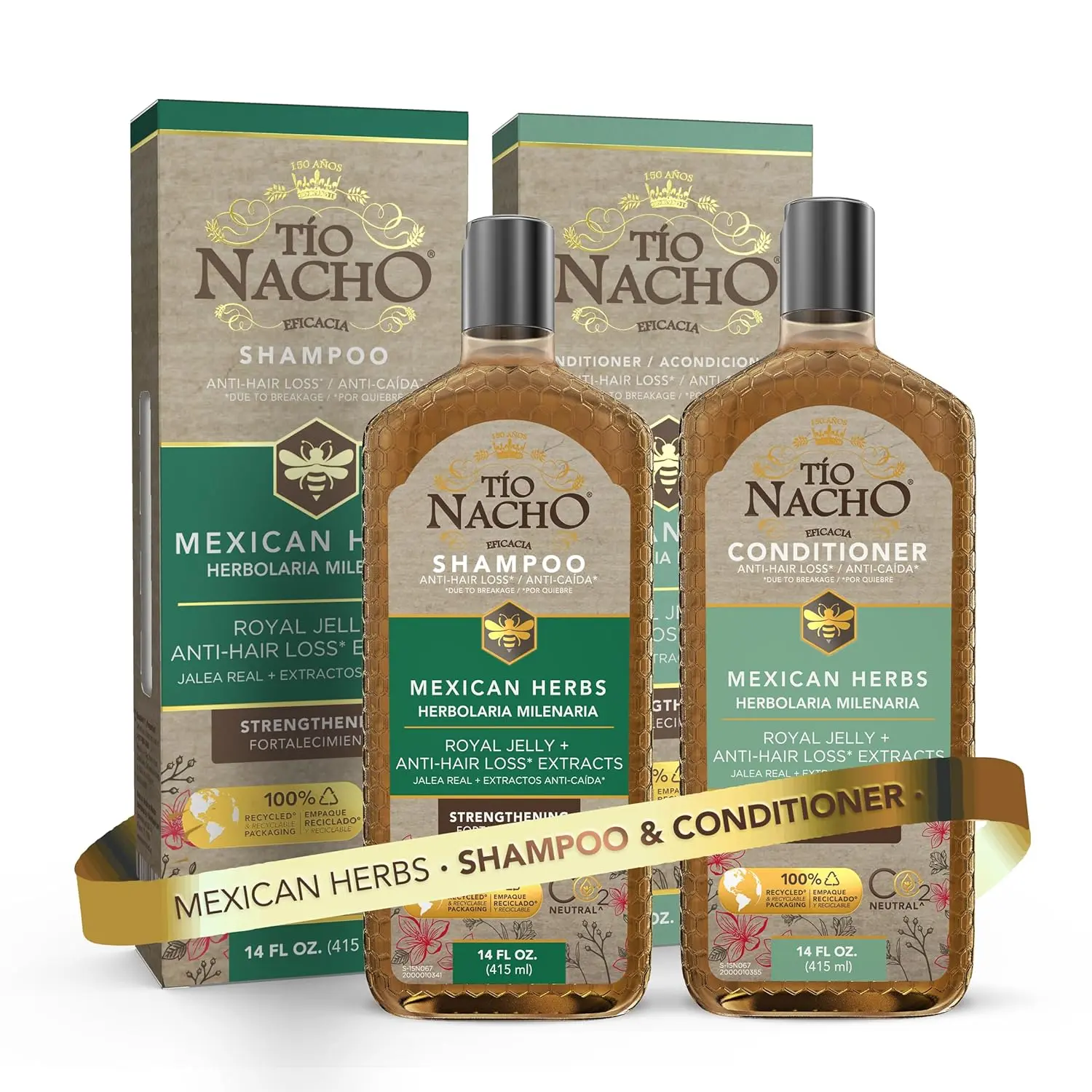Tio Nacho Mexican Herbs Strengthening Haircare Set - 14 fl oz Cleanser & Conditioner Each, Gentle Royal Jelly Blend with Aloe Vera, Jojoba, Rosemary for Strong, Vibrant, Radiant Hair, Herbal, All Types, Strong Hair, Botanical, Chemical Free, Conditioning,