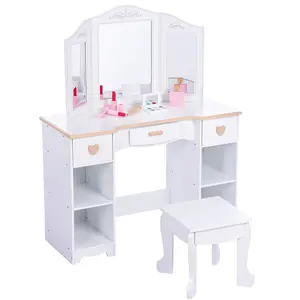 Princess kids vanity dressing table set, makeup desk with mirror, stool, storage drawers and open shelves, pretend play beauty station for girls’ bedroom