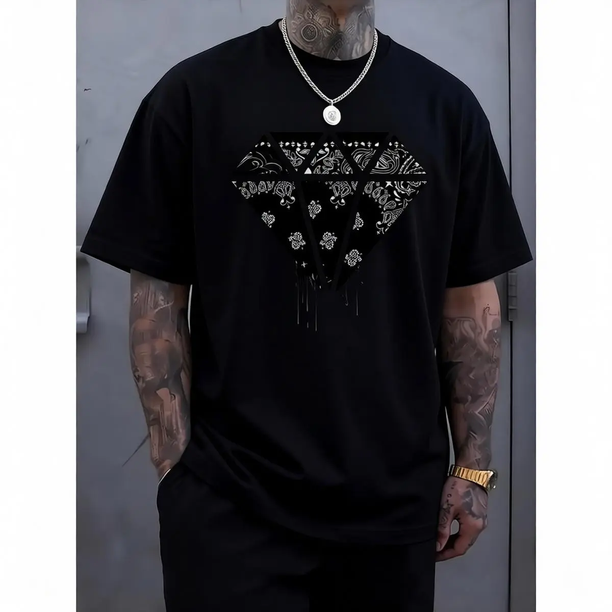 100% Cotton Men'S Casual Crew Neck T-Shirt with Paisley Diamond Print, Slight Stretch Fabric, Regular Fit Short Sleeve Tee for Spring and Summer Vacation, Casual Wear Tee |     Modern Print Tshirt |     Textured Surface, Diamond T Shirt