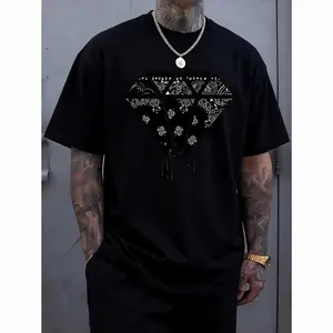 100% Cotton Men'S Casual Crew Neck T-Shirt with Paisley Diamond Print, Slight Stretch Fabric, Regular Fit Short Sleeve Tee for Spring and Summer Vacation, Casual Wear Tee |     Modern Print Tshirt |     Textured Surface, Diamond T Shirt