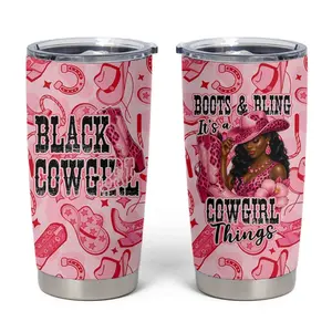 Black Cowgirl Tumbler Cup Boots And Bling - Pink Leopard Western Diva Melanin