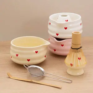 5-Piece Heart-Shaped Matcha Set, Ceramic Matcha Bowl Set, Matcha Bowl Spout, Matcha Whisk, Three Colors Available, Perfect Christmas Gift or Mother's Day Present