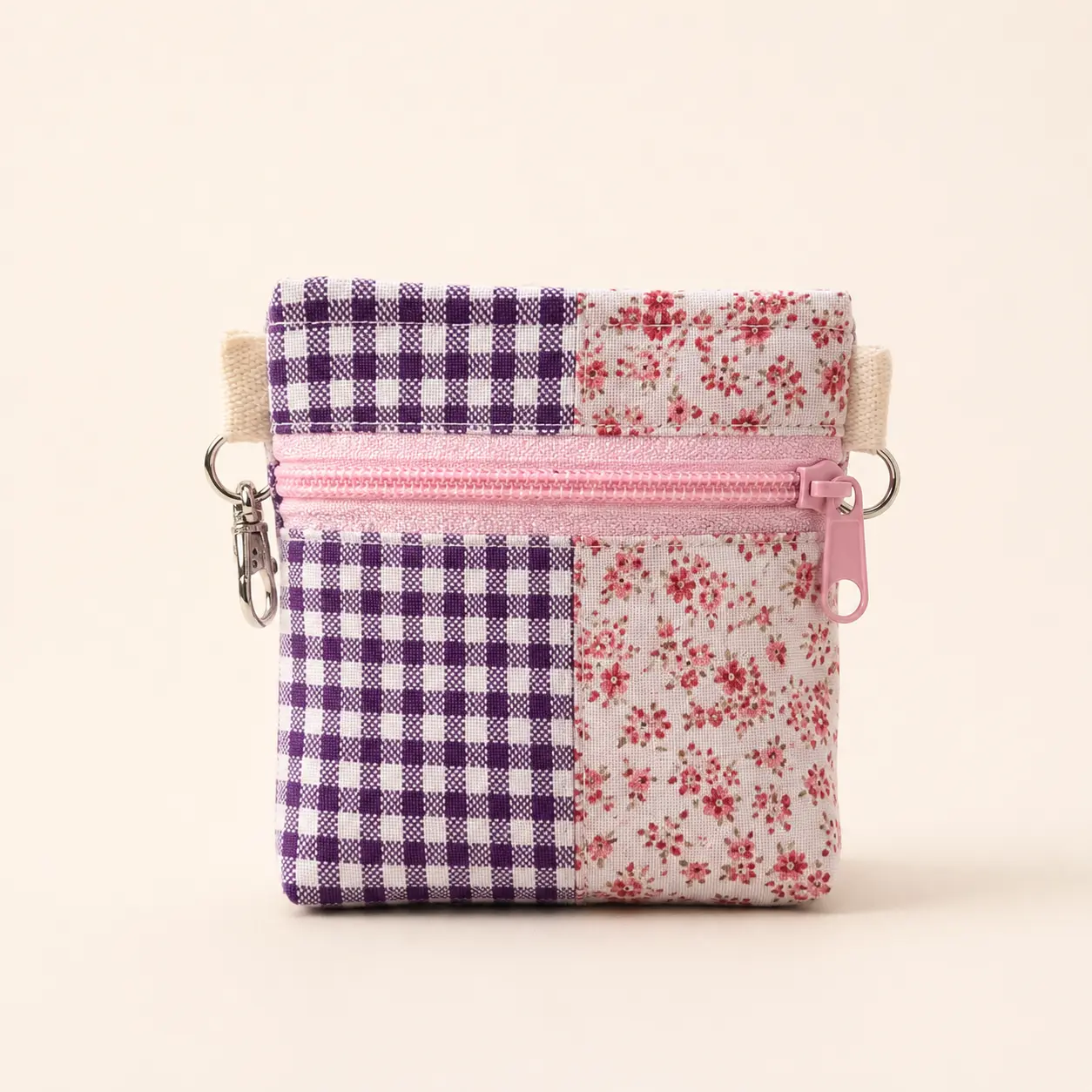 Handmade Standing Zipper Pouch – Purple Gingham & Pink Ditsy Floral / Pink Zipper