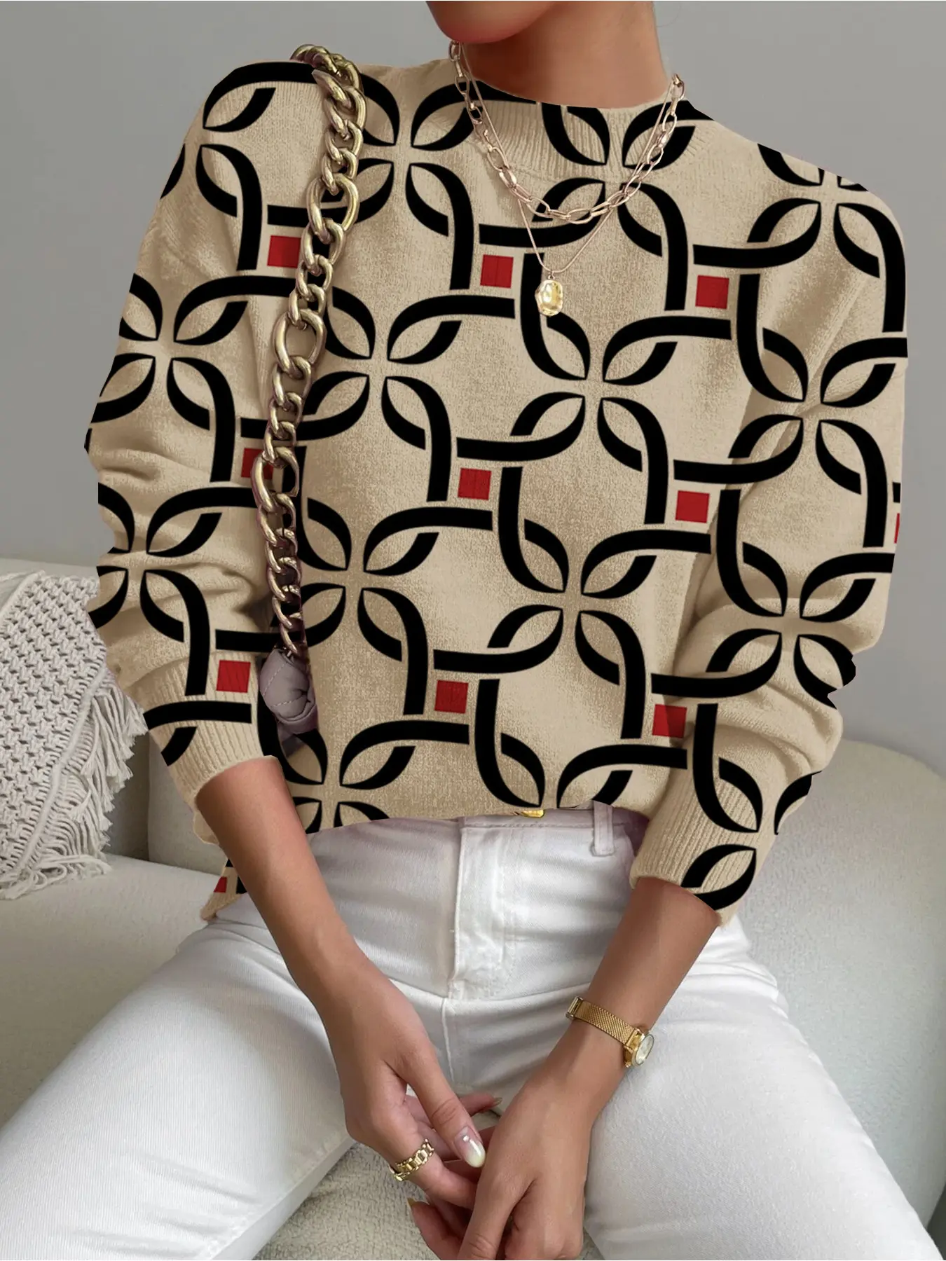 Women's Abstract Geometric Print Stand Collar Fitted Sweater, Casual Long Sleeve Knitwear for Fall Winter, Comfortable Warm Daily Wear Tops Clothes