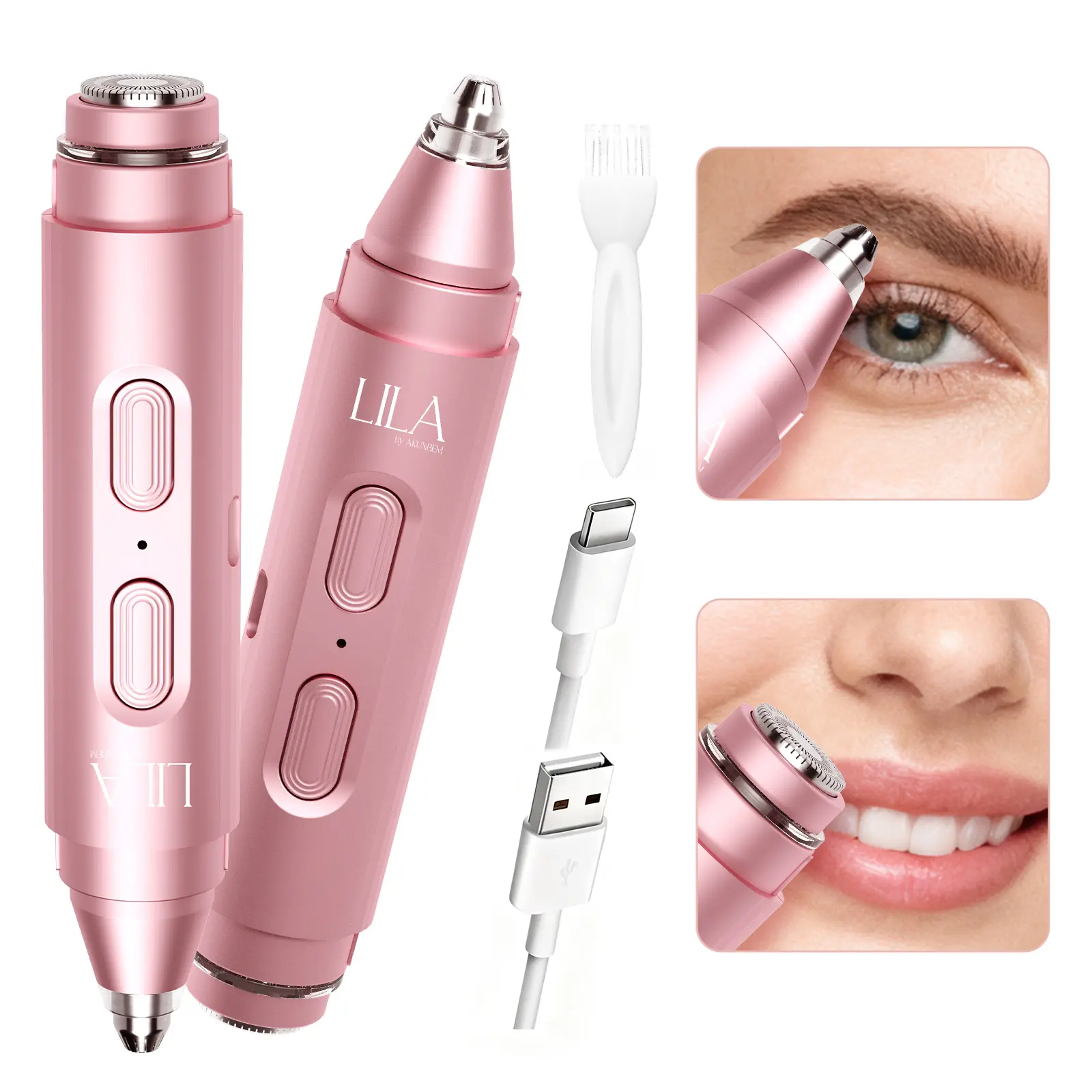 LILA Dual-Head Eyebrow & Facial Hair Trimmer 2-in-1 Rechargeable Precision Shaver with LED Light Painless Removal for Face Chin Lips Body Rose Gold