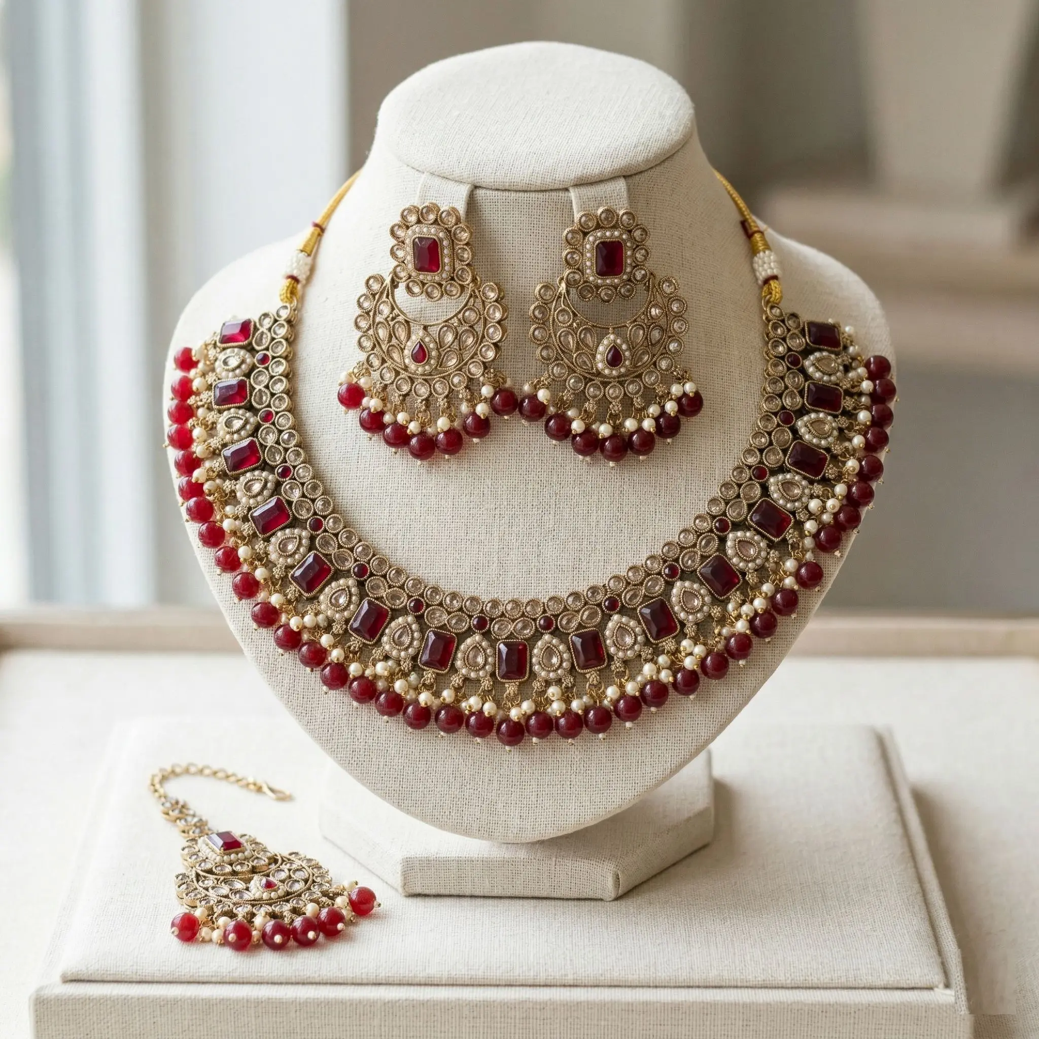 Indian Polki Necklace Set, Wedding Jewelry, Choker, Earrings, Maang Tikka