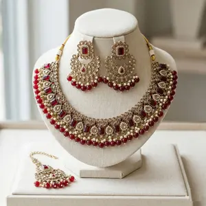 Indian Polki Necklace Set, Pakistani Wedding Jewelry, Earrings, Maang Tikka