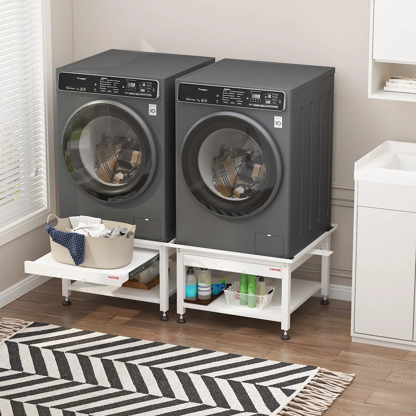 GARVEE Durable Washer and Dryer Pedestal Stand, 27" Wide (27x27x16 in), 1000 lbs Capacity, Pull-Out Shelf, Adjustable Anti-Vibration Pads, Drain Pan & Hose, White Home Storage Rack