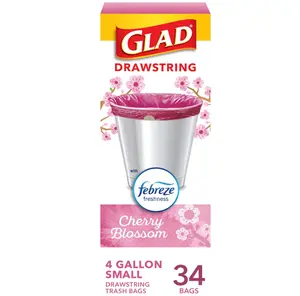 Glad Small Trash Bags 4 Gallon, Febreze Cherry Blossom Garbage Bags, Odor Resistant with Drawstring, 34 Count