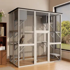 DOMISO Big Cat House Cat Enclosure with Waterproof Top, Cat Cage with 3 Platforms & 2 Napping House Small Pet Animal Cage
