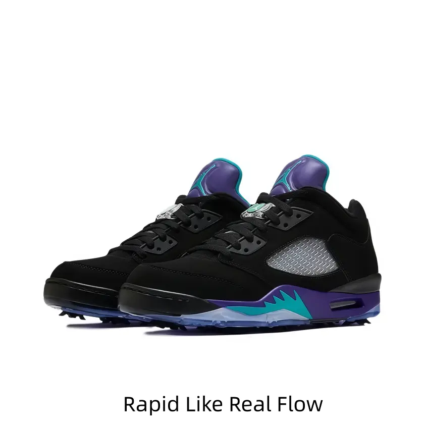 Premium matte black suede upper, hollow breathable gray mesh side panel, purple ankle collar with turquoise trim, low-top retro basketball sneaker silhouette