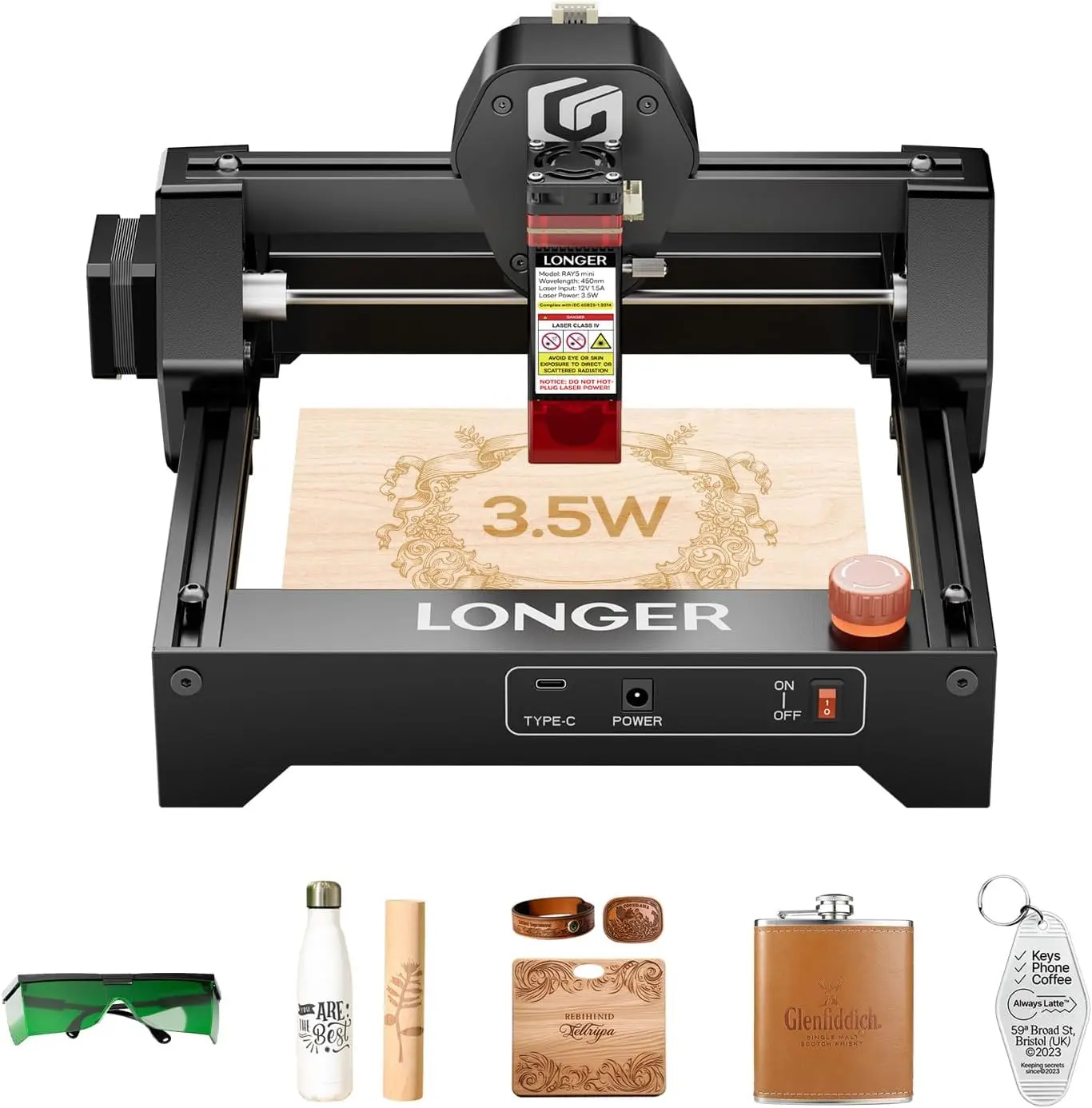 LONGER RAY5 Laser Engraver 3500mW High Precision 0.04 * 0.04mm Laser Cutter and Engraving Machine 140x130mm Working Area Mini Portable Laser Engraver for Wood Metal Acrylic Glass
