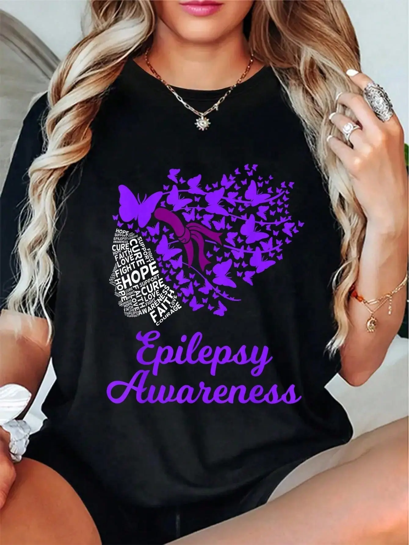 Women's Colorful Comfortable Epilepsy Awareness Butterfly Graphic T-Shirt, Crew Neck Short-Sleeve Casual Style Tops, 1-Piece Womenswear, Shortsleeve, Lightweight