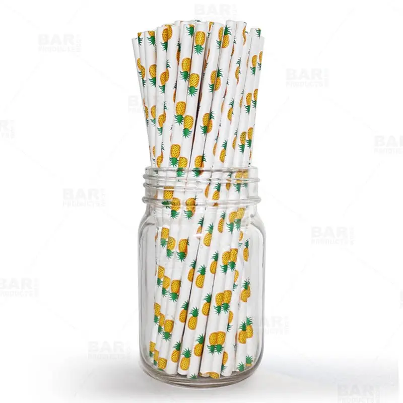 BarConic® Disposable Eco-Friendly Paper Straws - 7.75" Pineapple Design Beverage Utensils - 100-Count Packs