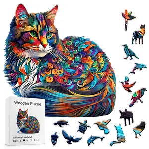 5A Difficulty Colorful Cat Wooden Jigsaw Puzzle Art Healing Stress Relief Immersive Challenging Gift for Creativity Enthusiasts Family Adult Kids Cat Lover Fantasy Art