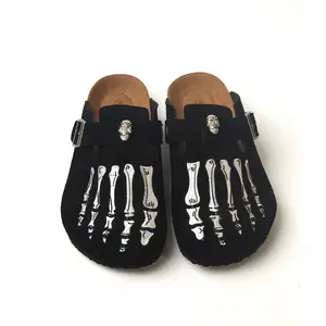 Edgy Black Suede Clogs with Skeleton Foot & Skull Details, Punk Gothic Slip-On Shoes for Men, Y2K Streetwear Footwear