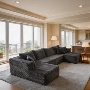 3 Packages Shipping MobiLiving 133" Plush Corduroy Cloud Velvet Modular Boneless Couch with Chaise & Ottoman, No Assembly Required - U-Shaped Sectional Sofa Set with Flexible Configuration - 133W x 60"D x 25.5"H, 4 Seater