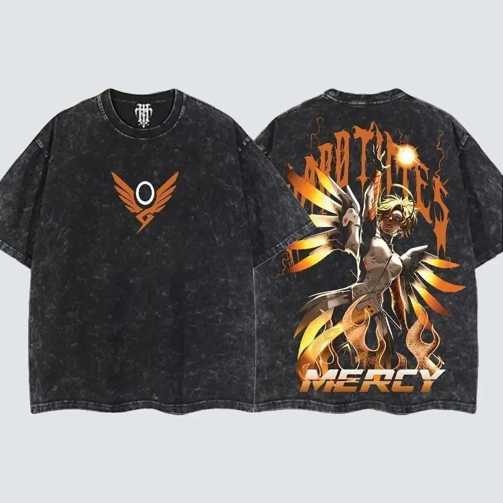 Mercy Overwatch, Blizzard Collection Game Oversized Washed Tee Acid Washed Lightweight TSHIRT, Gift for him her Clothes Cotton