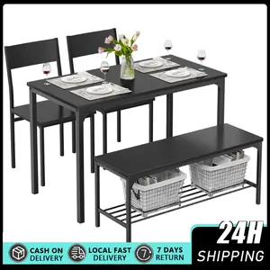 4-Piece Industrial Dining Table Set, Kitchen Table, Space Saving Dinette for Kitchen, Dining Room, Small Space, Breakfast Nook, Living Room, Party Extendable Kitchen Table with Benches Chairs, Modern Breakfast Dinette Dining Room Set for 4/6/2