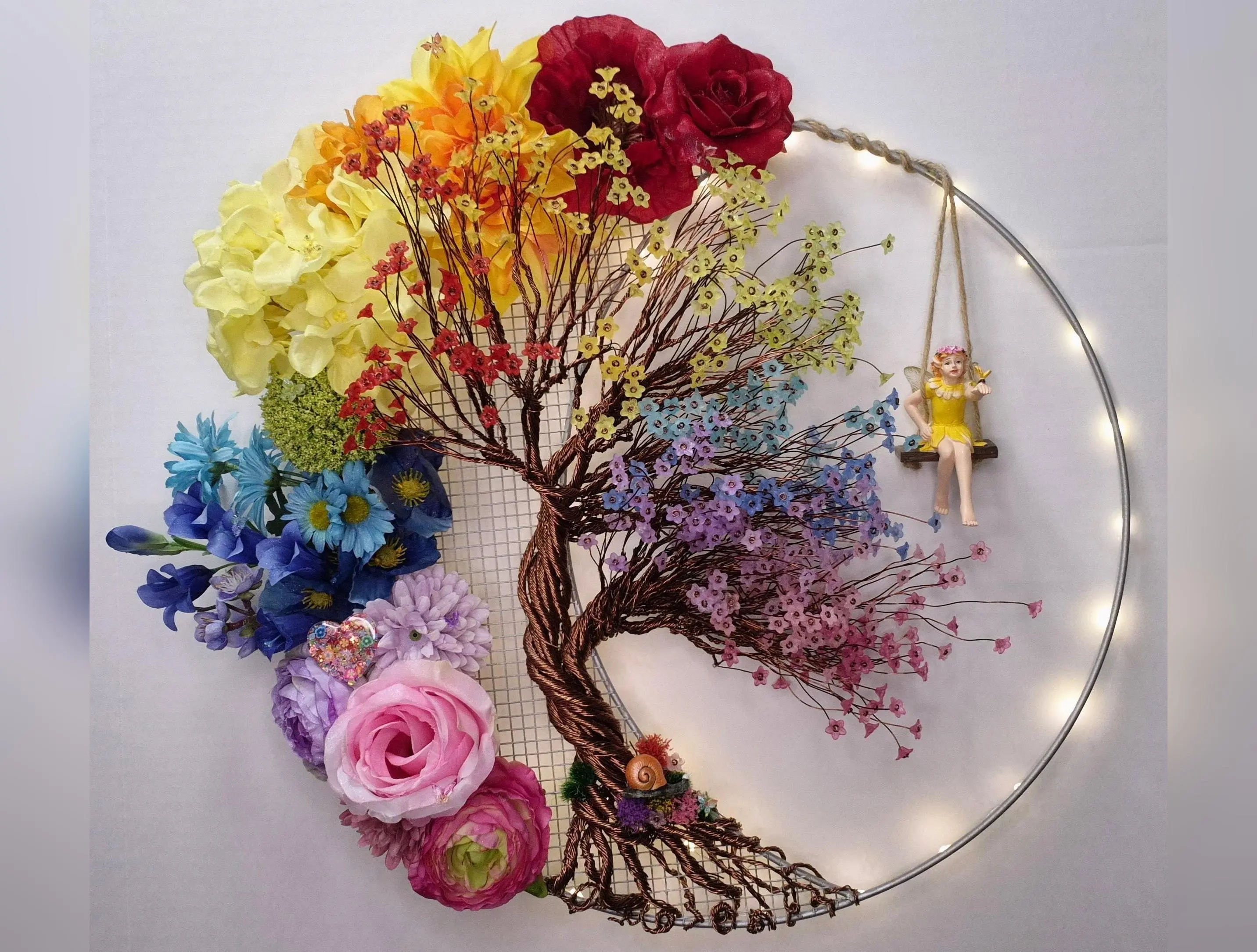 16" Rainbow Flower Fairy Tree of Life Wire Wreath w/ White Fairy Lights