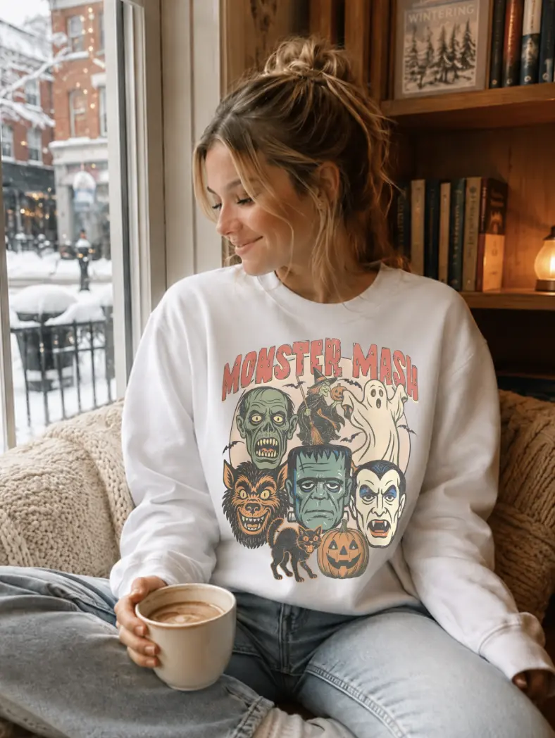 Monster Mash Sweatshirt Retro Halloween Crewneck, Vintage Spooky Season Sweater, 70s 80s Inspired Halloween Pullover, Classic Monster Graphic Sweatshirt, Cozy Fall Halloween Gift for Women