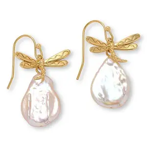 Connie Craig Carroll Jewelry Dragonfly Cultured Pearl Drop Earrings