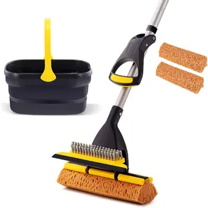 Collapsible Plastic Bucket Mop Bucket and Sponge Mop Kit  Commercial Tile Floor Bathroom Garage Cleaning with Total 2 Sponge Heads Telescopic 42.5-52 Inches Easily Dry Wringing Yellow