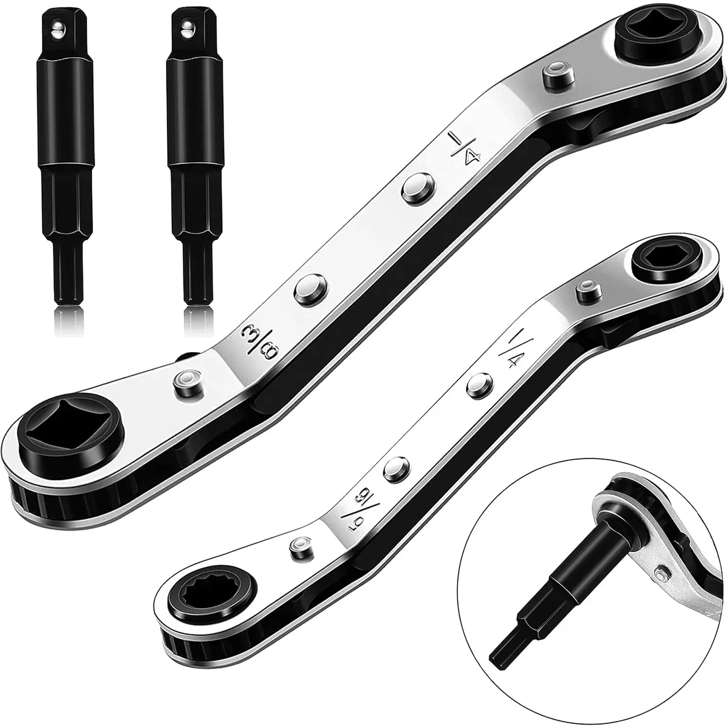 2-Pack Alloy Steel HVAC Service Ratchet Wrenches - Multi-Size Air Conditioner Valve Tools with 2 Hex Adapters, Home Improvement Accessory for Refrigeration Equipment Repair, Prevents Handle Slippage & Narrow Space Sticking (2pcs)