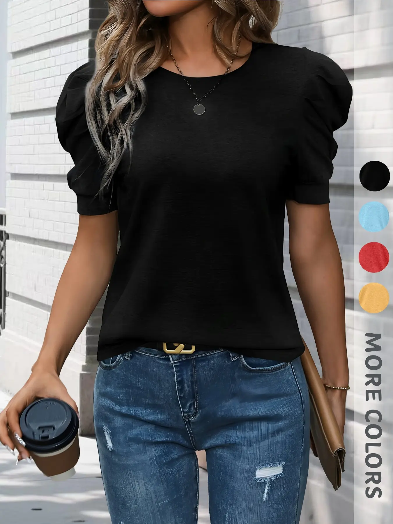 New Summer Women's Round Neck Puff Sleeve T-Shirt, Womenswear Fitted Slimming Casual Chic Top, Elegant Versatile Casual High-End Style, Unique Design