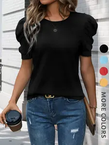 New Summer Women's Round Neck Bubble Sleeve T-Shirt, Fitted Elegant Fashion Top, Versatile High-End Style, Unique No Repeat Design