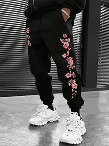 Men's Casual Sporty Long Pants, Sakura Cherry Pattern Print, Floral, Drawstring Ankle Cuff, Loose-Fitting, All Seasons, Men's Fashion, Casual Loungewear Pants