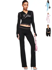 Fashion Women's Printed Hooded Long Sleeve Thumb Hole Micro Bell Two-Piece Set, New Style Solid Color Sexy Open Collar Two-Piece Set