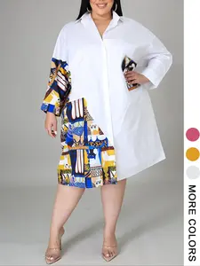 Plus Size Color Block Dress – Long Sleeve Simple White with Modern Pattern Design, Fashionable, Comfortable and Casual Wear for Daily Wear