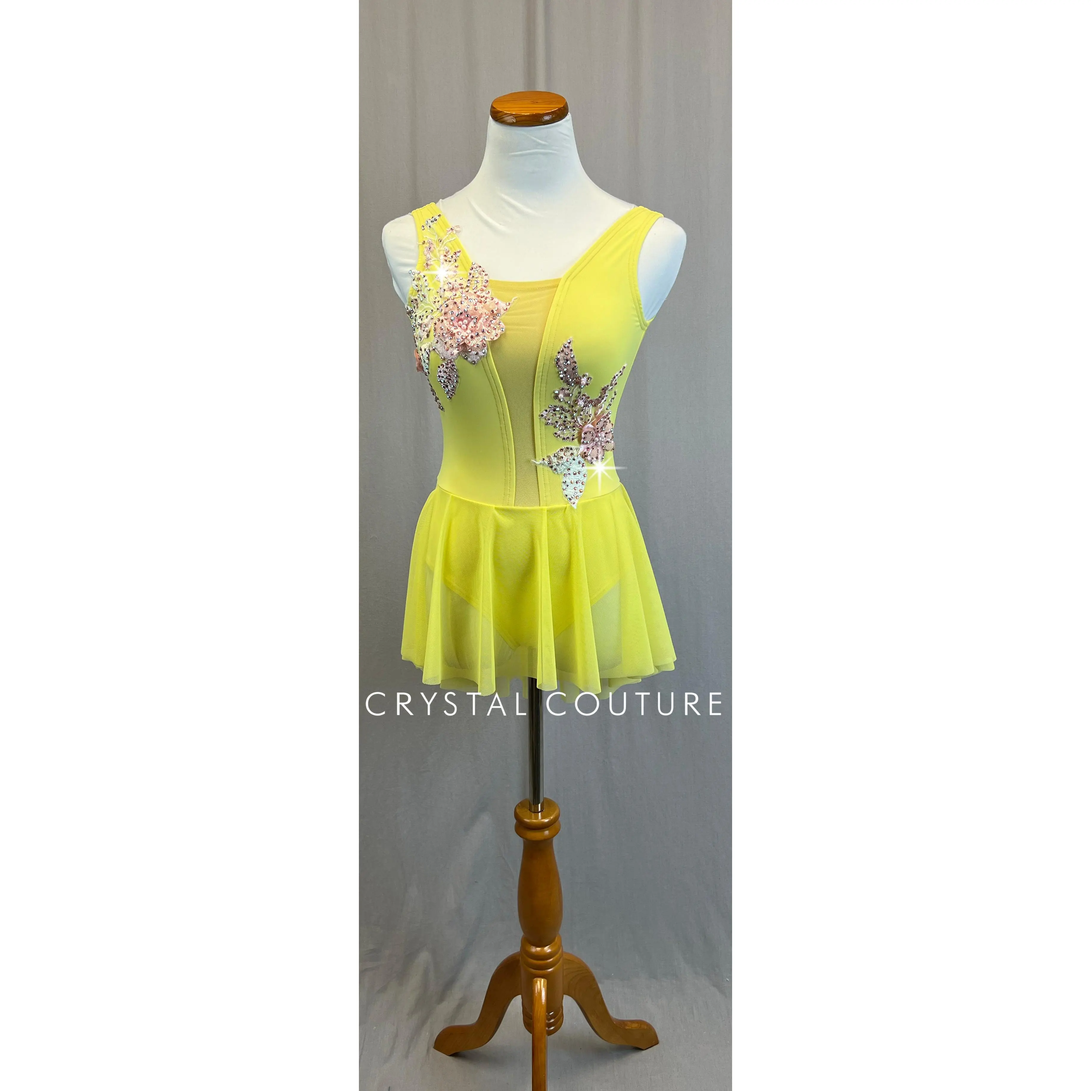 *Custom* Sunny Yellow Leotard with Mesh Skirt and Pink Appliques-Rhinestones