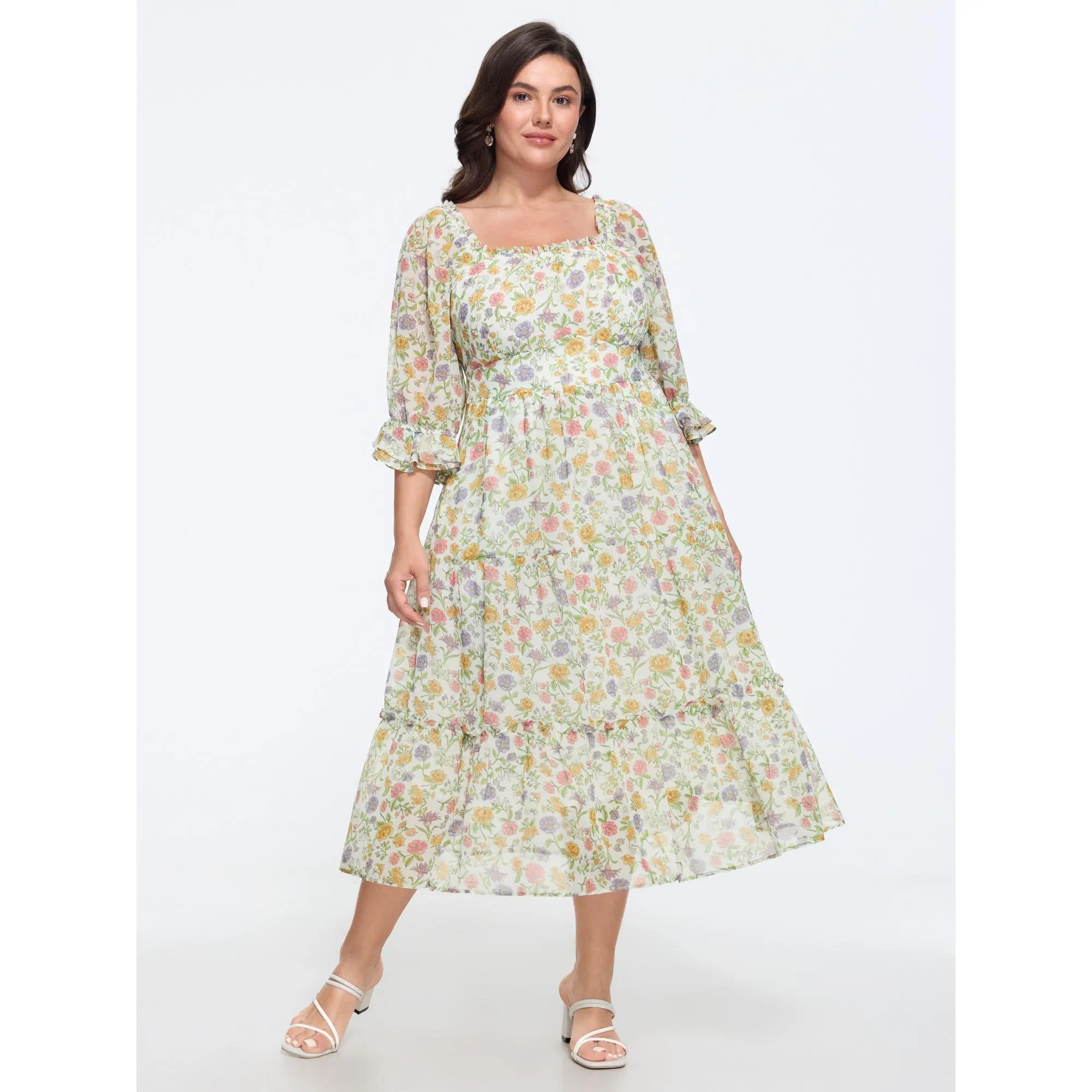 BLOOMCHIC Plus Size Floral Print Square Neck Ruffle Trim Tiered Midi Dress[M-6X] Back To School,Spotlight Day