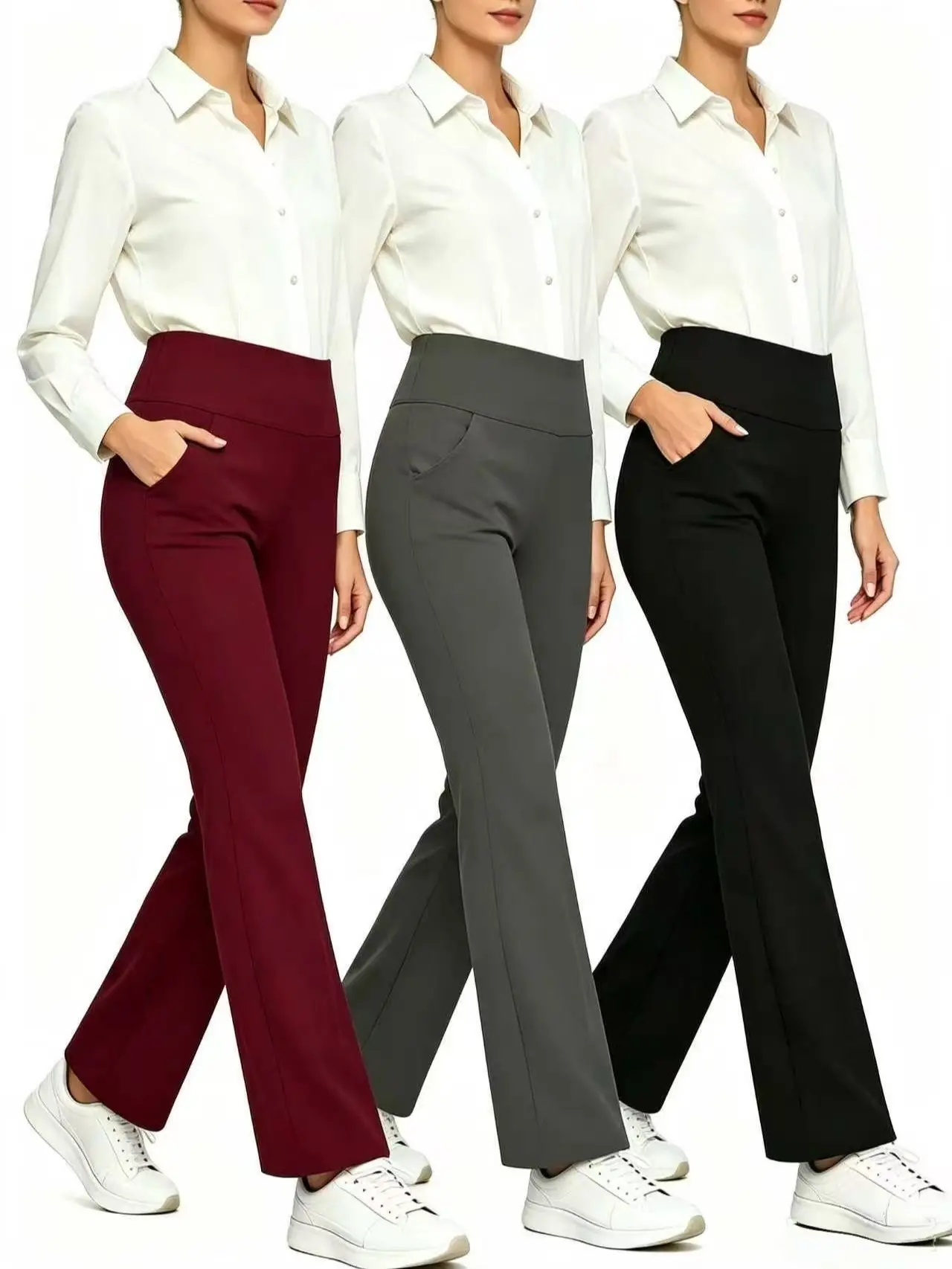 Women's 3‑Pack Stretch Bootcut Dress  | Women High Rise, Side Pockets Wrinkle‑Free Commute Office Casual Bottoms loose fit casual trouser track outfit clothes street style twin going long baggy barrel perfect summer sweat pants capri
