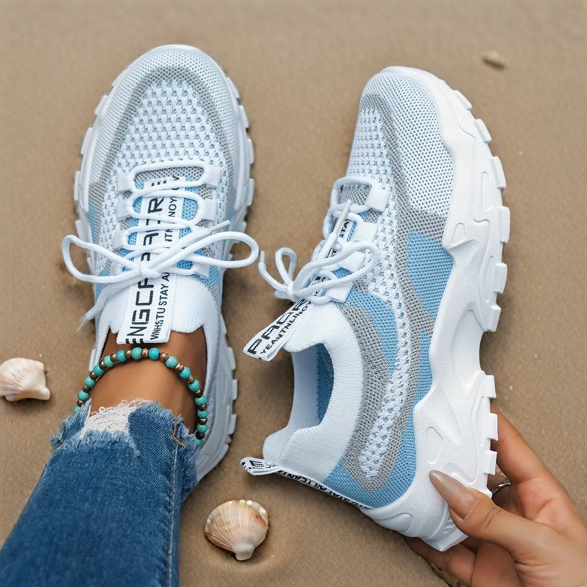 Women's White & Light Blue Knit Mesh Sneakers: Breathable Chunky Sole Casual Shoes – Lightweight Lace-Up Summer Sneakers with Stylish Color Block Design for Beach & Daily Comfort